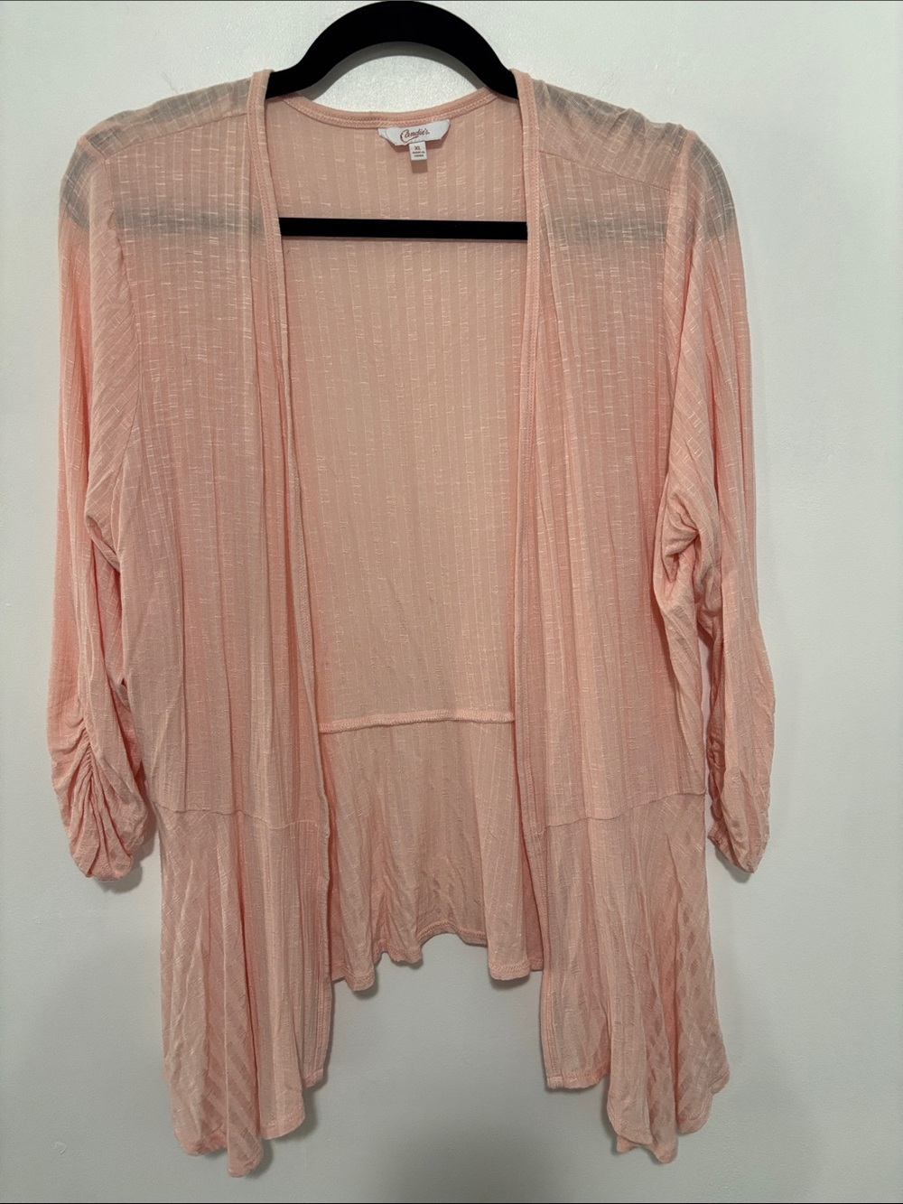 Candie's Light Pink Sheer Slub Knit Open Front Cardigan XL Ruched Sleeves